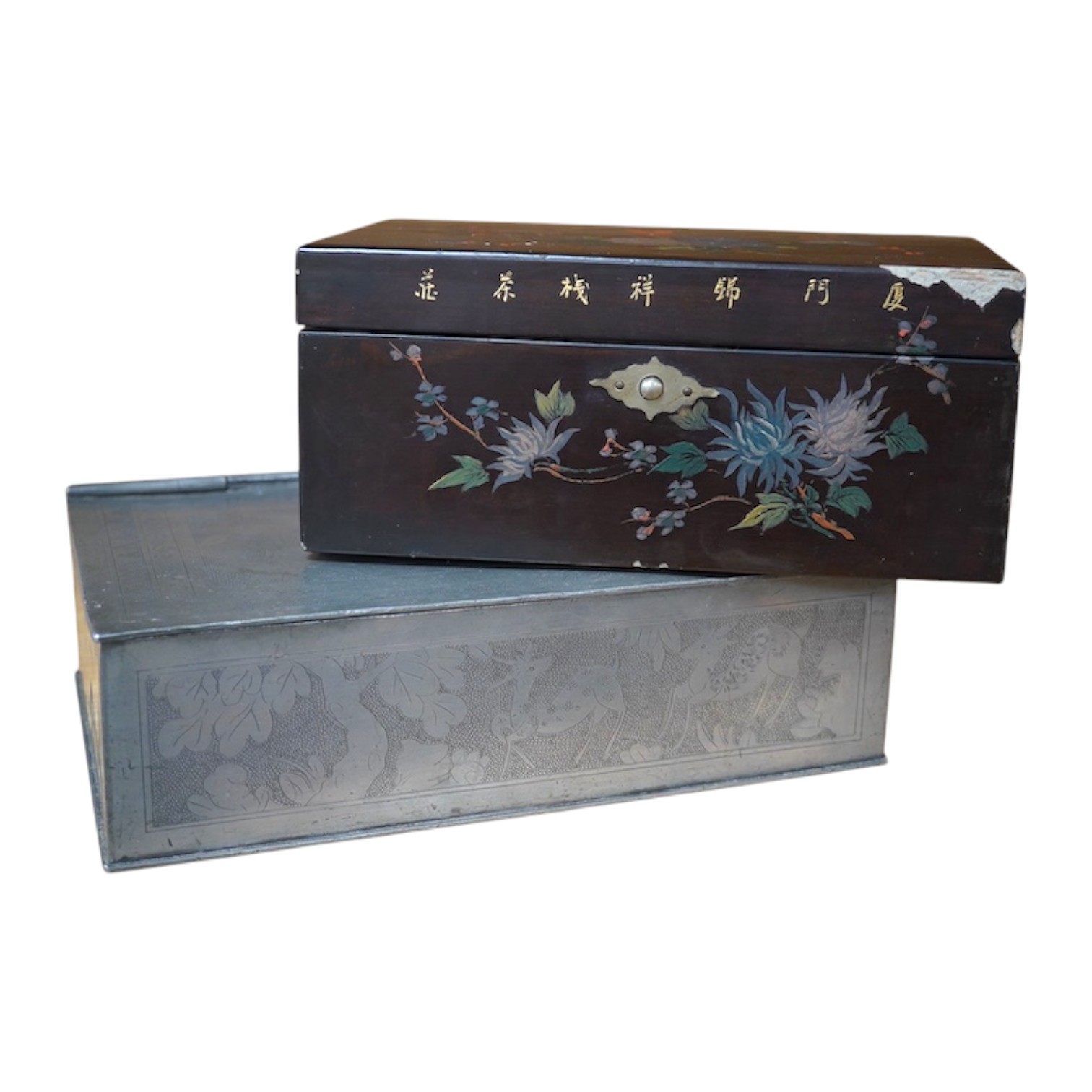 A Chinese pewter lidded box and another lacquered box with spices, largest 22cm wide. Condition - fair